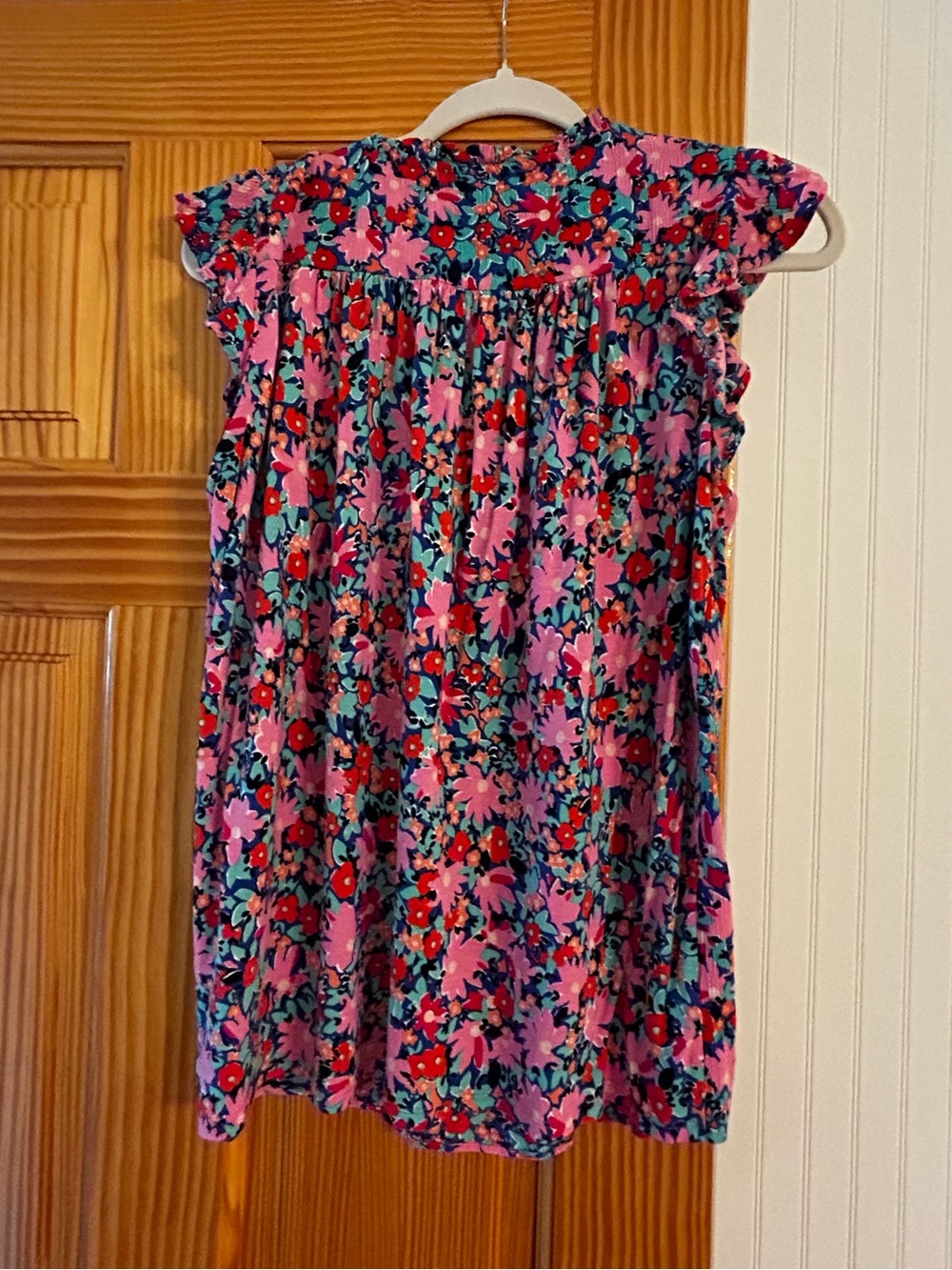 LOFT Pink Floral Ruffle-Yoke Top with Red and Teal Accents